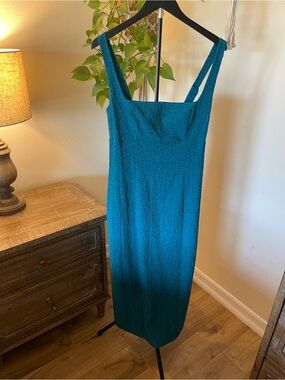 Abercrombie & Fitch Teal Textured Square-Neck  stretch Midi Dress